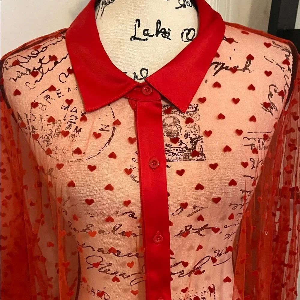 Torrid Heart Design Red Sheer Mesh Long Sleeve Button Kimono Romantic Modern NWT - Picture 6 of 16